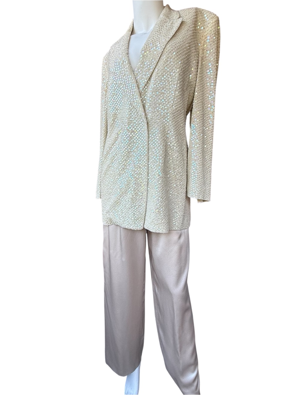 Alberta Ferretti Cream Cream Silk Sequin Blazer W/ Silk Trousers Set